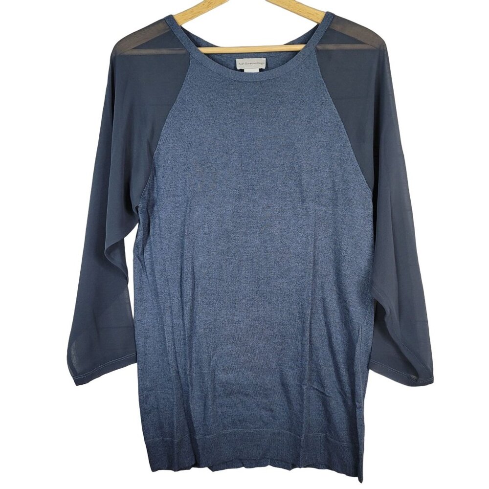 Soft Surroundings Raglan Tunic Top Blue Small Sheer Sleeves Cashmere Knit #24199